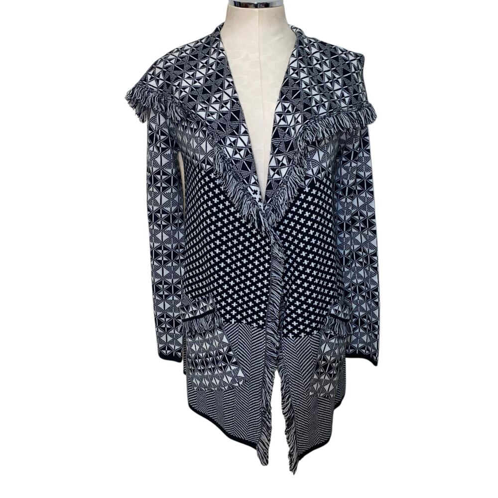 Leo & Nicole Black and White Geometric Knit Fringed Cardigan Sweater Size Small